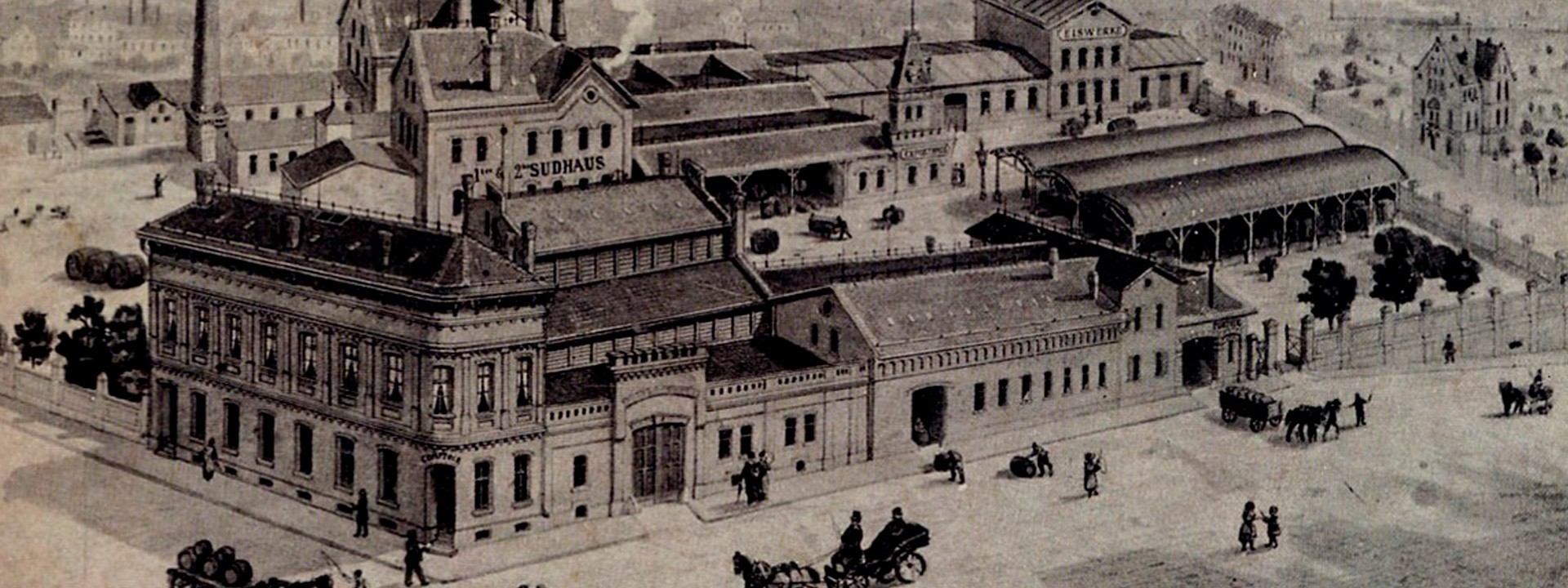 Historical black-and-white illustration of the Brinkhoff's brewery complex with several buildings and carriages.