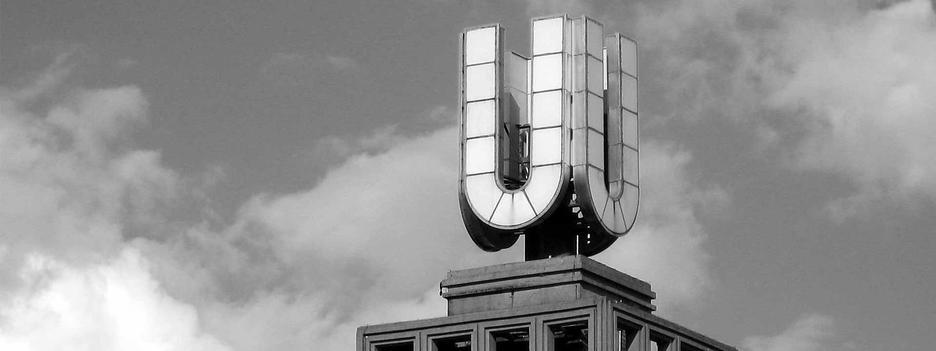 The letter U on the roof of a well-known building in downtown Dortmund.