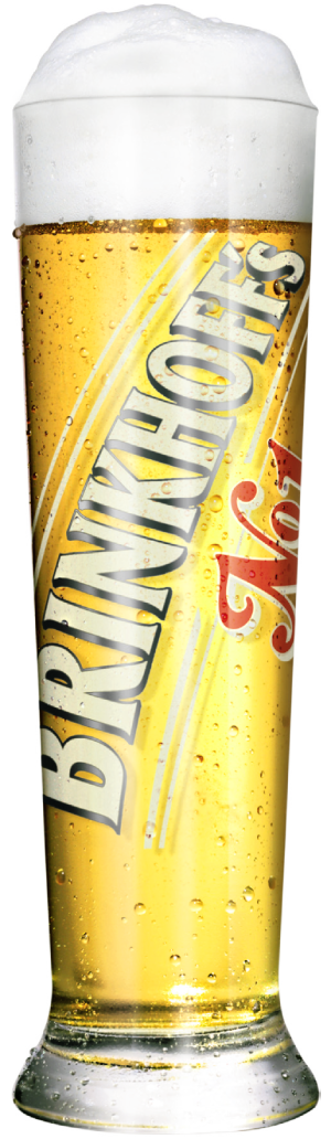 A filled beer glass with dewdrops and lots of foam, bearing the inscription Brinkhoff's No. 1