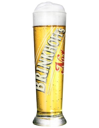 A filled beer glass with dewdrops and lots of foam, bearing the inscription Brinkhoff's No. 1 – To the product detail.