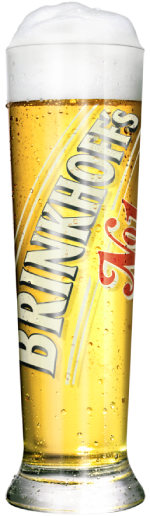 A filled beer glass with dewdrops and lots of foam, bearing the inscription Brinkhoff's No. 1 – To the product detail.